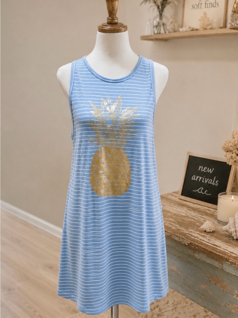 Xhilaration Blue and White Backless Dress with Gold Pineapple